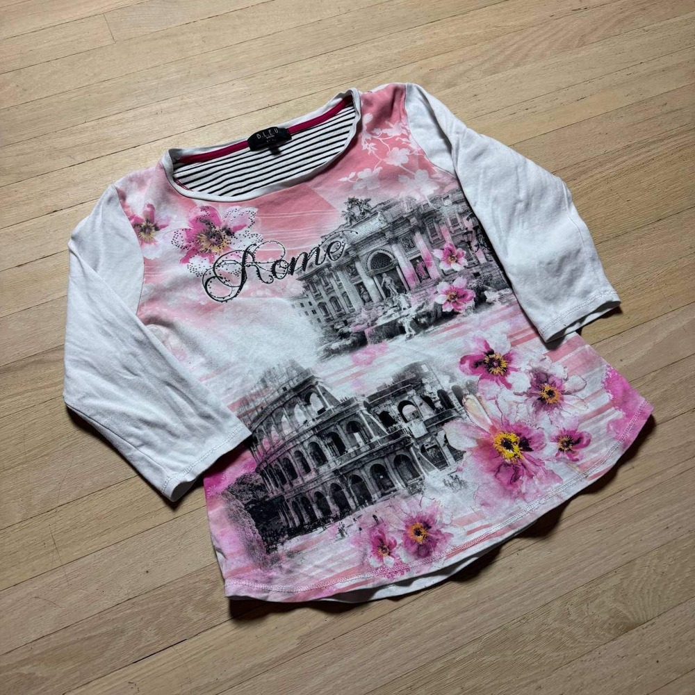 BLEU Petite Rome Graphic Print Top Pink Floral Rhinestone 3/4 Sleeve PL Mens
